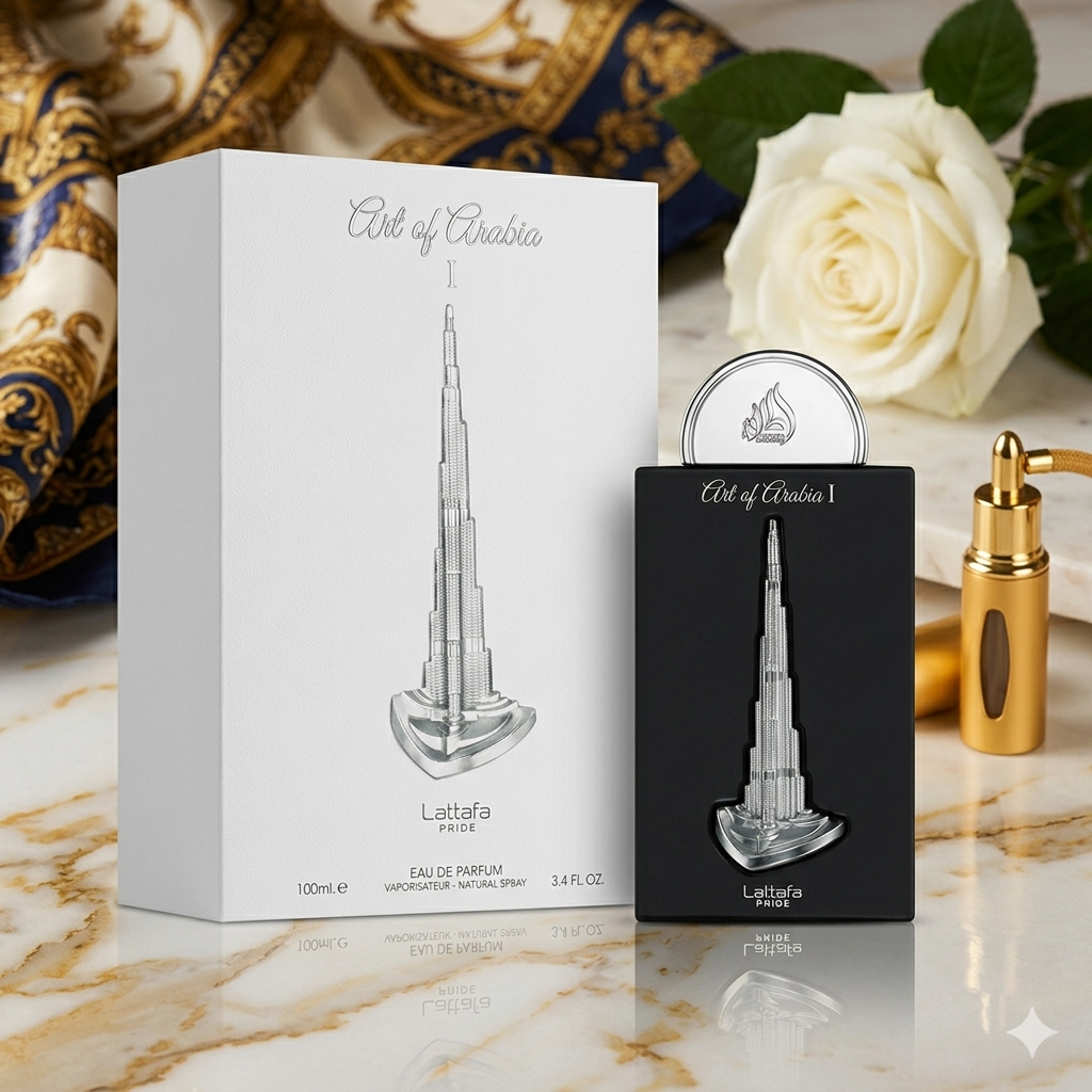 Frasco de Eau de Parfum Art of Arabia I da Lattafa Pride, embalagem elegante e detalhes dourados, perfume oriental luxuoso.