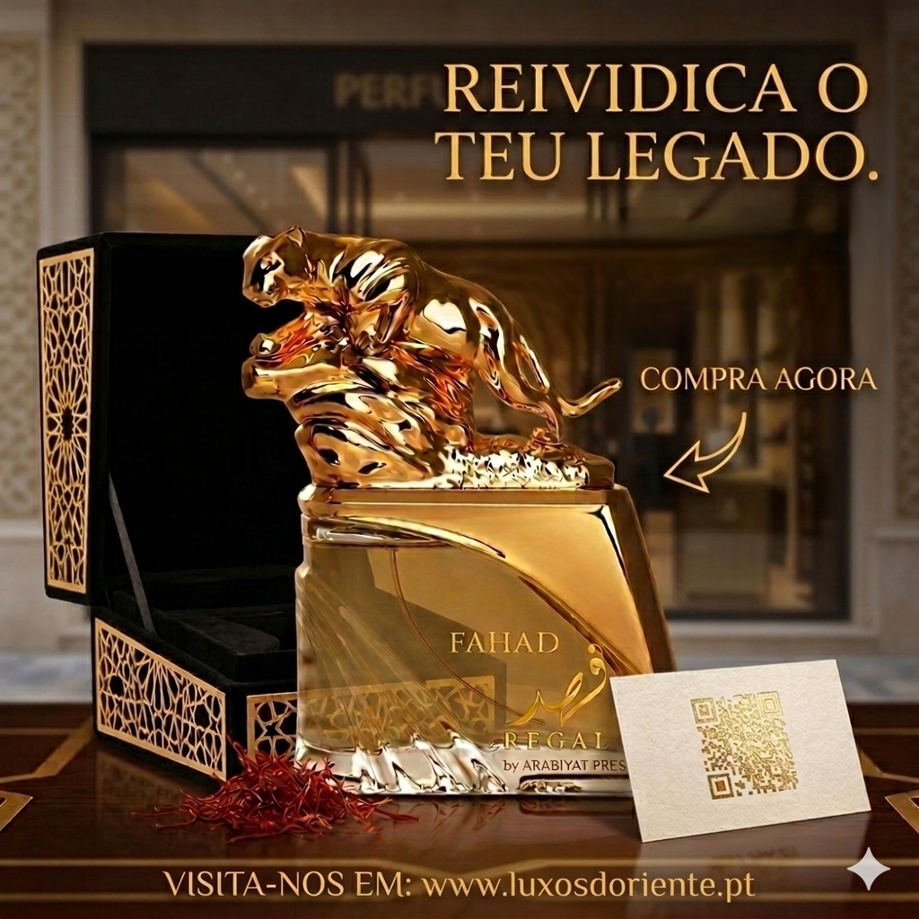 Fahad Regal Eau de Parfum Arabiyat Prestige de Luxos do Oriente, garrafa elegante com detalhes dourados e design sofisticado.