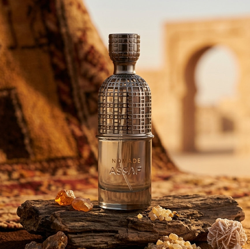 Perfume Eau de Parfum Nomade Assaf da Luxos do Oriente, frasco elegante com detalhes dourados e rótulo, vista frontal.