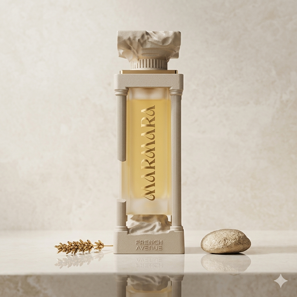Frasco de perfume Marmara Extrait de Parfum French Avenue da Luxos do Oriente, com rótulo elegante e tampa dourada