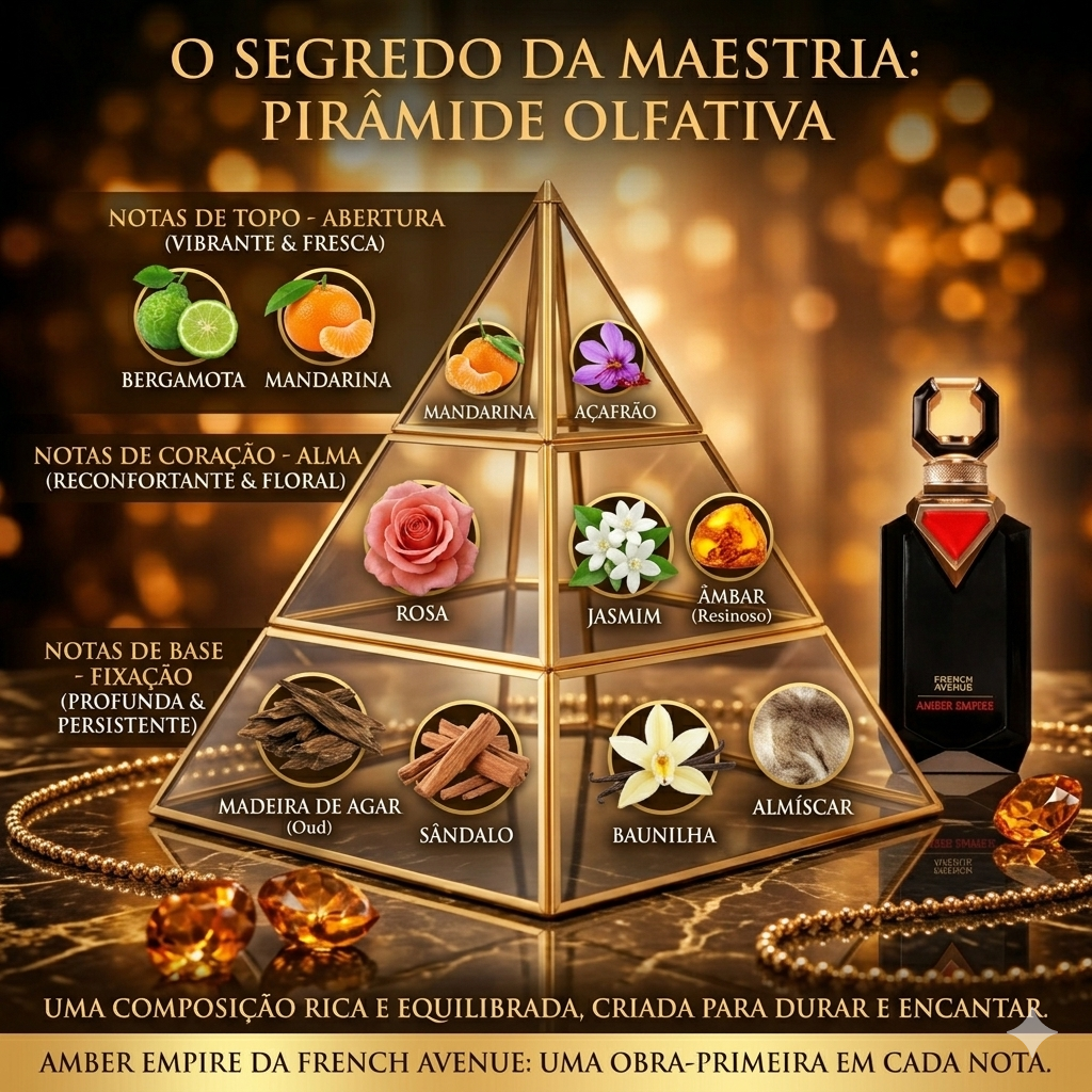 Amber Empire – French Avenue Original perfume Oud de Ouro, frasco elegante com rótulo dourado e tampa preta.