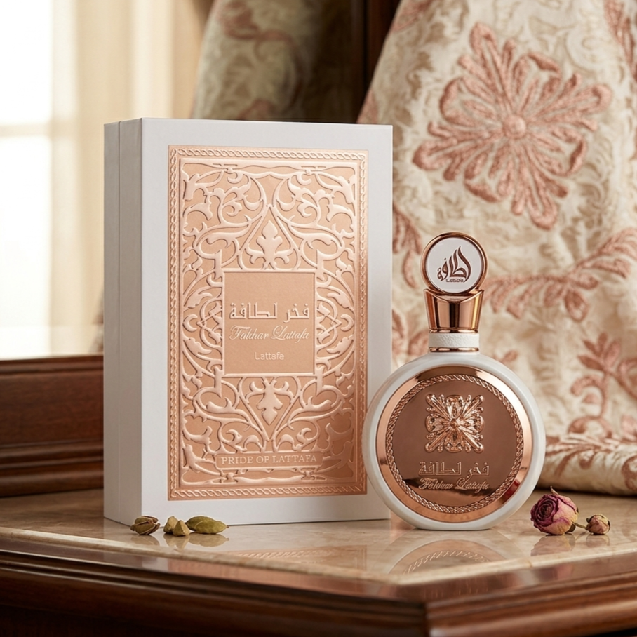 Fakhar Rose Eau de Parfum Lattafa, frasco de perfume com detalhes dourados e rosa, embalagem elegante e moderna.