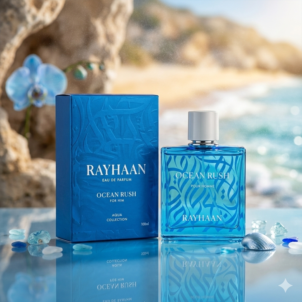 Rayhaan Ocean Rush Eau de Parfum by Luxos do Oriente in a sleek bottle with ocean-themed design elements.