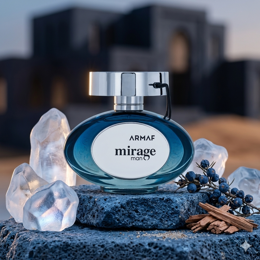 Frasco de perfume Mirage Man Eau de Parfum da Armaf, com design elegante e rótulo detalhado, sobre fundo neutro.