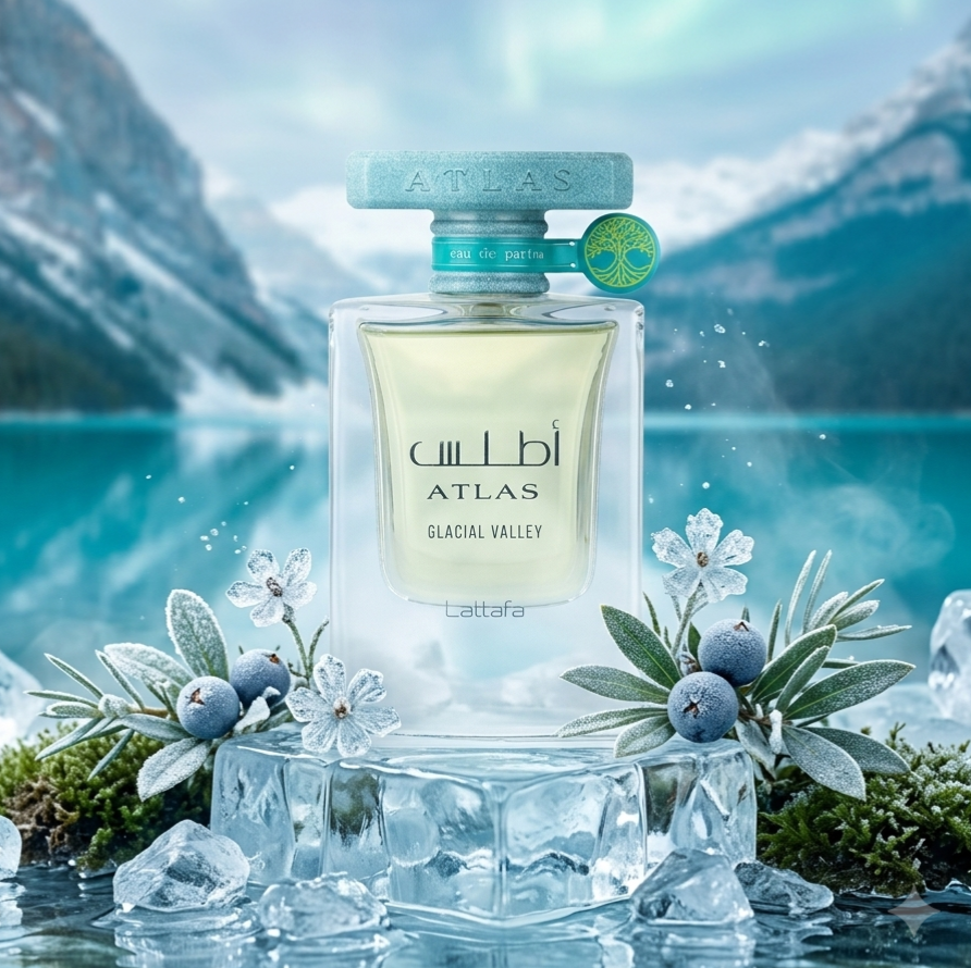 Frasco de perfume Eau de Parfum Atlas Glacial Valley da Lattafa, embalagem elegante com detalhes em azul e prata.