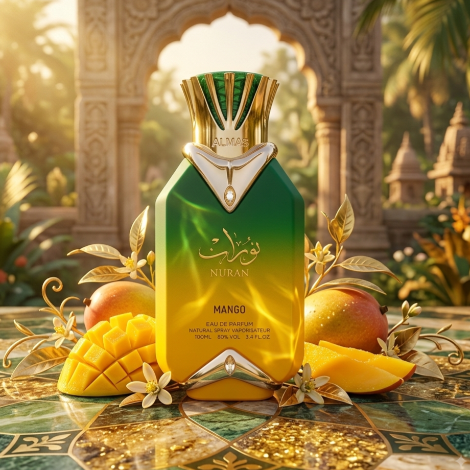 Frasco de perfume Nuran Mango da Almas Perfumes, Eau de Parfum Luxos do Oriente com rótulo e embalagem elegante.