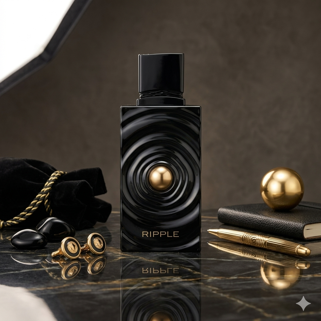 Perfume Ripple Eau de Parfum da Luxos do Oriente, fragrância francesa com embalagem elegante, destacando o frasco na imagem.
