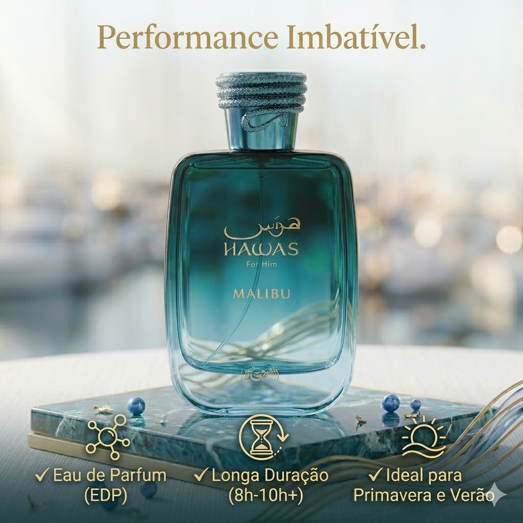 Frasco de Eau de Parfum Hawas Malibu da Rasasi, com embalagem elegante e design sofisticado, refletindo luxo e frescura