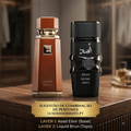 Pacote com Asad Elixir e Liquid Brun da Luxos do Oriente, frascos coloridos de produtos para beleza e cuidados capilares.