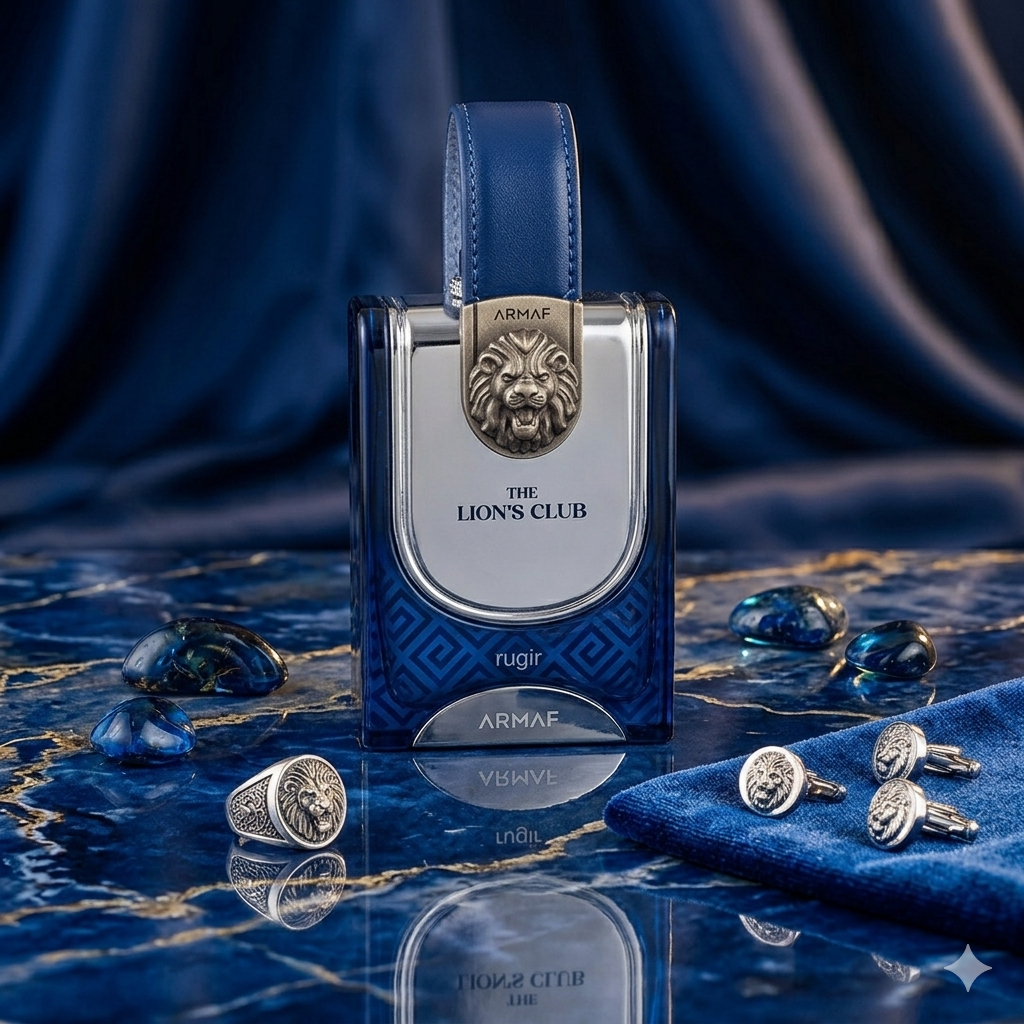 Perfume Eau de Parfum The Lion's Club Rugir da Armaf, embalagem com frasco elegante e rótulo distintivo, Luxos do Oriente.