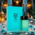Frasco de perfume Inferno Eau de Parfum da Luxos do Oriente, embalagem elegante com detalhes dourados e design sofisticado.