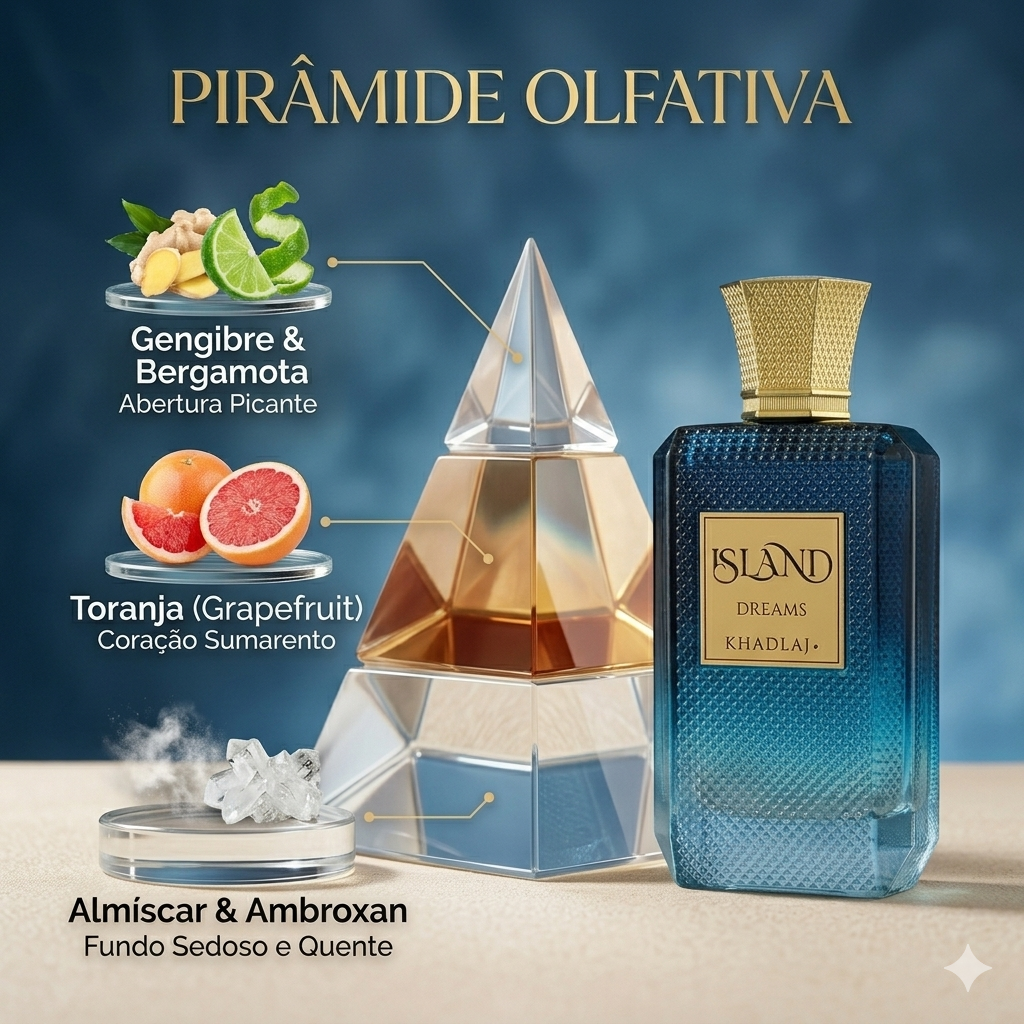 Frasco de perfume Island Dreams - Extrait de Parfum da marca Khadlaj, apresentado em embalagem elegante com detalhes dourados.