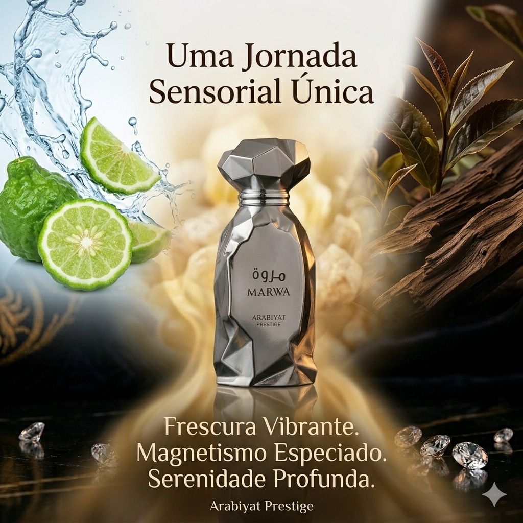 Frasco de Eau de Parfum Marwa Arabiyat Prestige original, com design elegante e detalhes dourados.