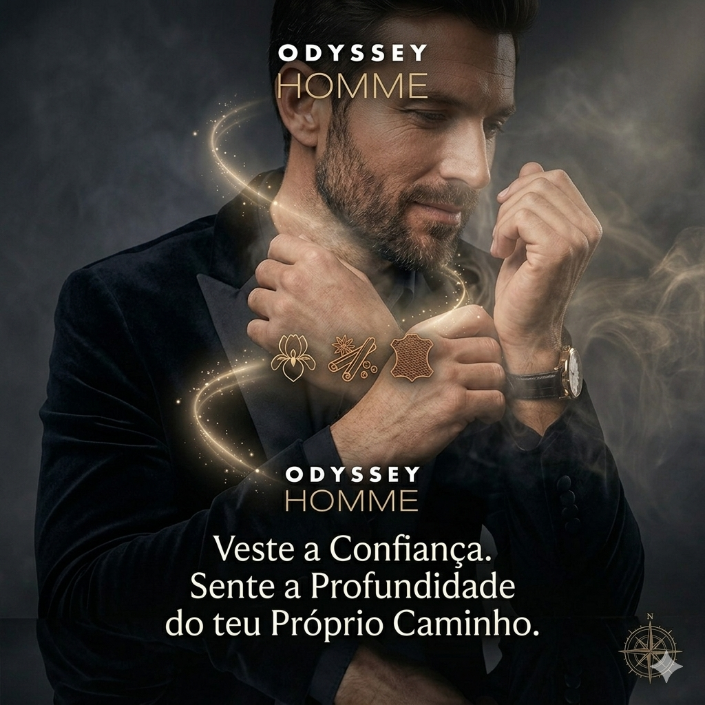 Frasco de Eau de Parfum Odyssey Homme da Armaf, com design elegante e detalhes dourados, para homem, sobre fundo neutro.