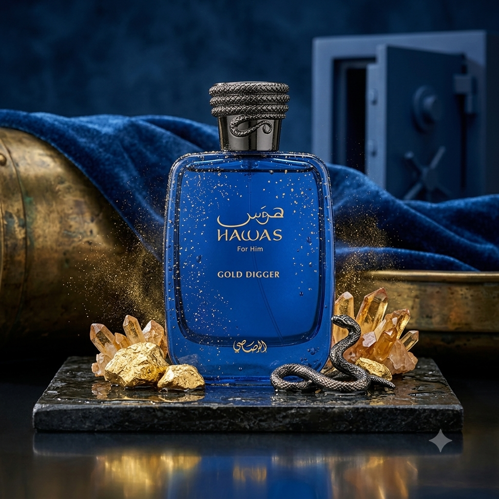 Frasco de perfume Hawas Gold Digger da Rasasi, Eau de Parfum, com design dourado e detalhes elegantes, para homens sofisticados.