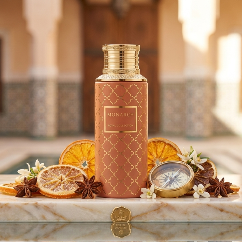 Frasco de Eau de Parfum Monarch da Maison Asrar, com design elegante e detalhes dourados, para uma fragrância sofisticada.
