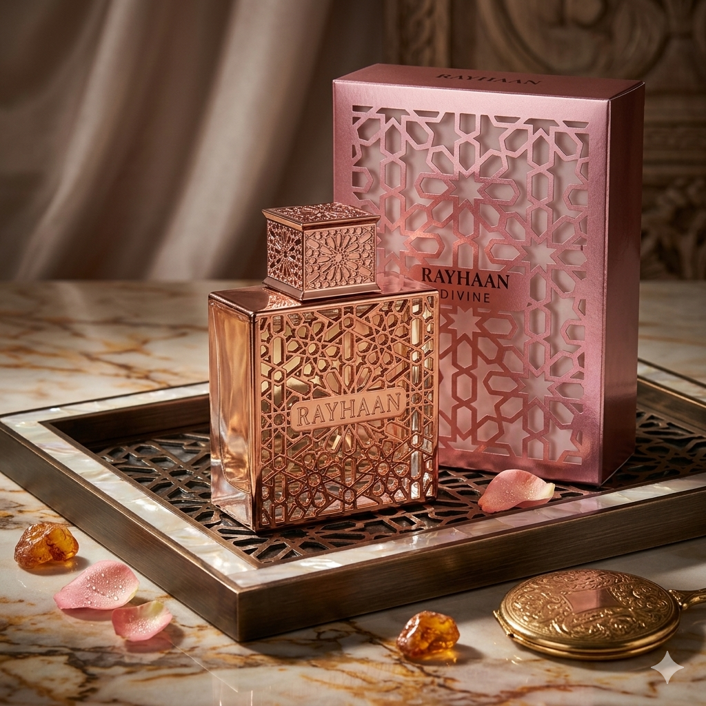 Perfume Rayhaan Divine Original da Luxos do Oriente, frasco de Eau de Parfum com design elegante e detalhes sofisticados.