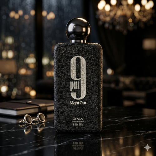 Frasco de perfume 9 PM Night Out Extrait de Parfum Afnan Original, embalagem elegante de Luxos do Oriente