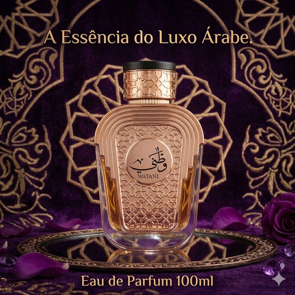 Perfume Eau de Parfum Watani Al Wataniah da Luxos do Oriente, frasco elegante com detalhes tradicionais árabes.