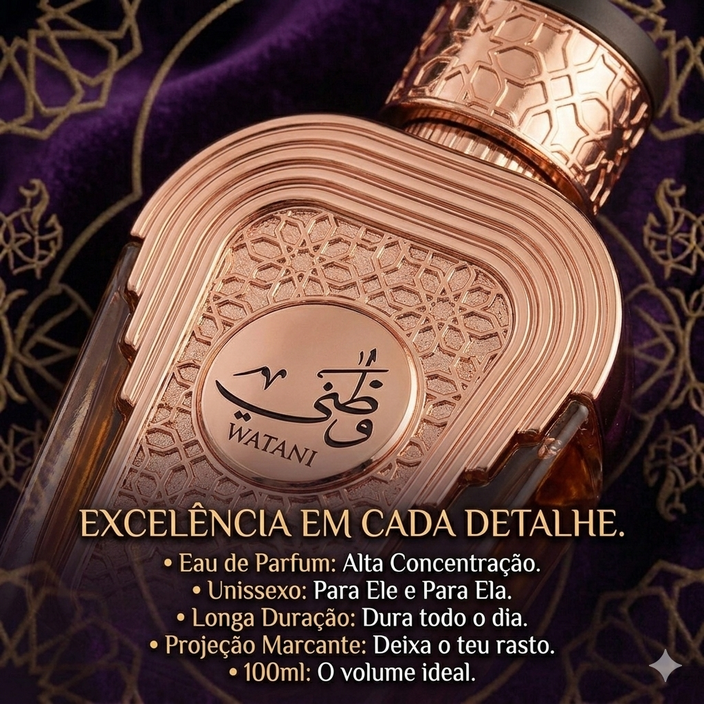 Frasco de Eau de Parfum Watani Al Wataniah, Luxos do Oriente, com design elegante e detalhes tradicionais.