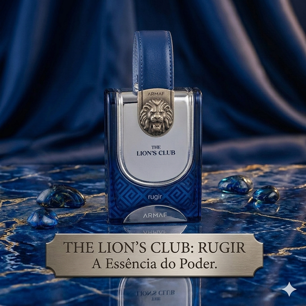 Perfume Eau de Parfum The Lion's Club Rugir da Armaf, frasco com design elegante e detalhes dourados, para homens sofisticados.