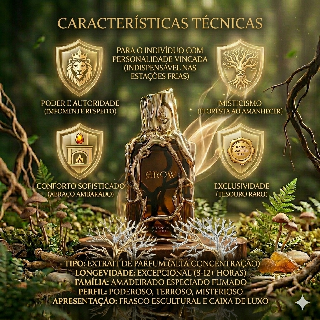 Frasco de Grow Extrait de Parfum Luxos do Oriente, inspirado na avenida francesa, com embalagem elegante e detalhes sofisticados