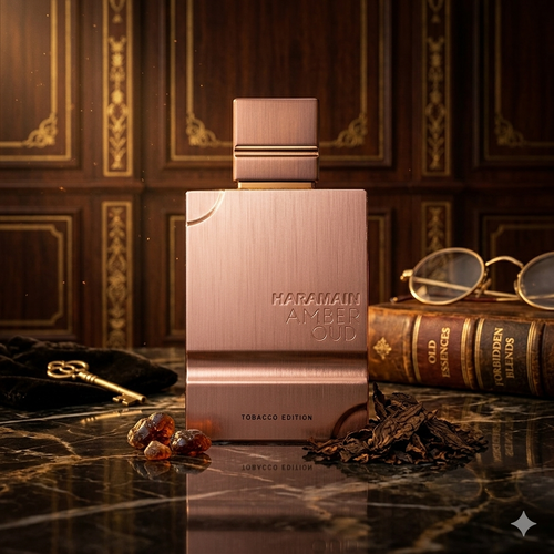 Frasco de Eau de Parfum Amber Oud Tobacco Edition da Al Haramain, com design elegante e detalhes dourados.