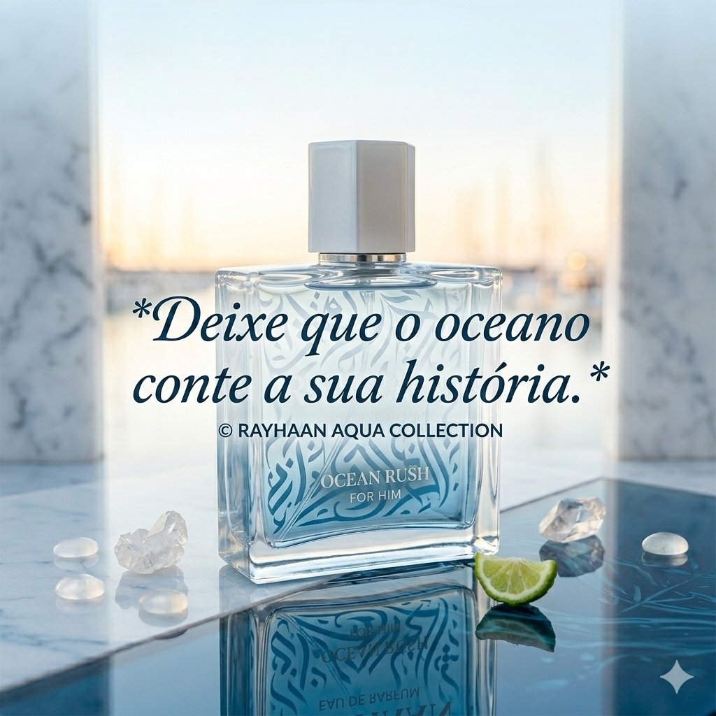 Rayhaan Ocean Rush Eau de Parfum bottle with a sleek design and ocean-inspired colors by Luxos do Oriente.