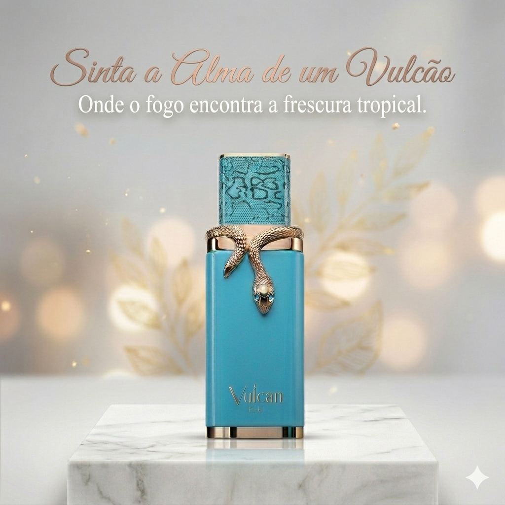 Vulcan Feu – French Avenue Original, perfume Oud de Ouro com frasco elegante e detalhes dourados sobre fundo escuro.