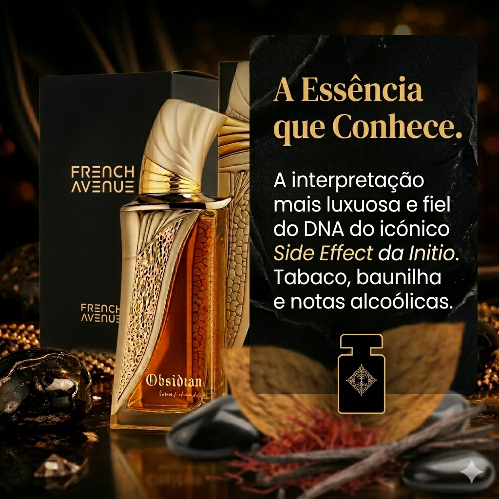 Frasco de perfume Obsidian - Extrait de Parfum da Luxos do Oriente, com design elegante e rótulo detalhado, sobre fundo neutro.