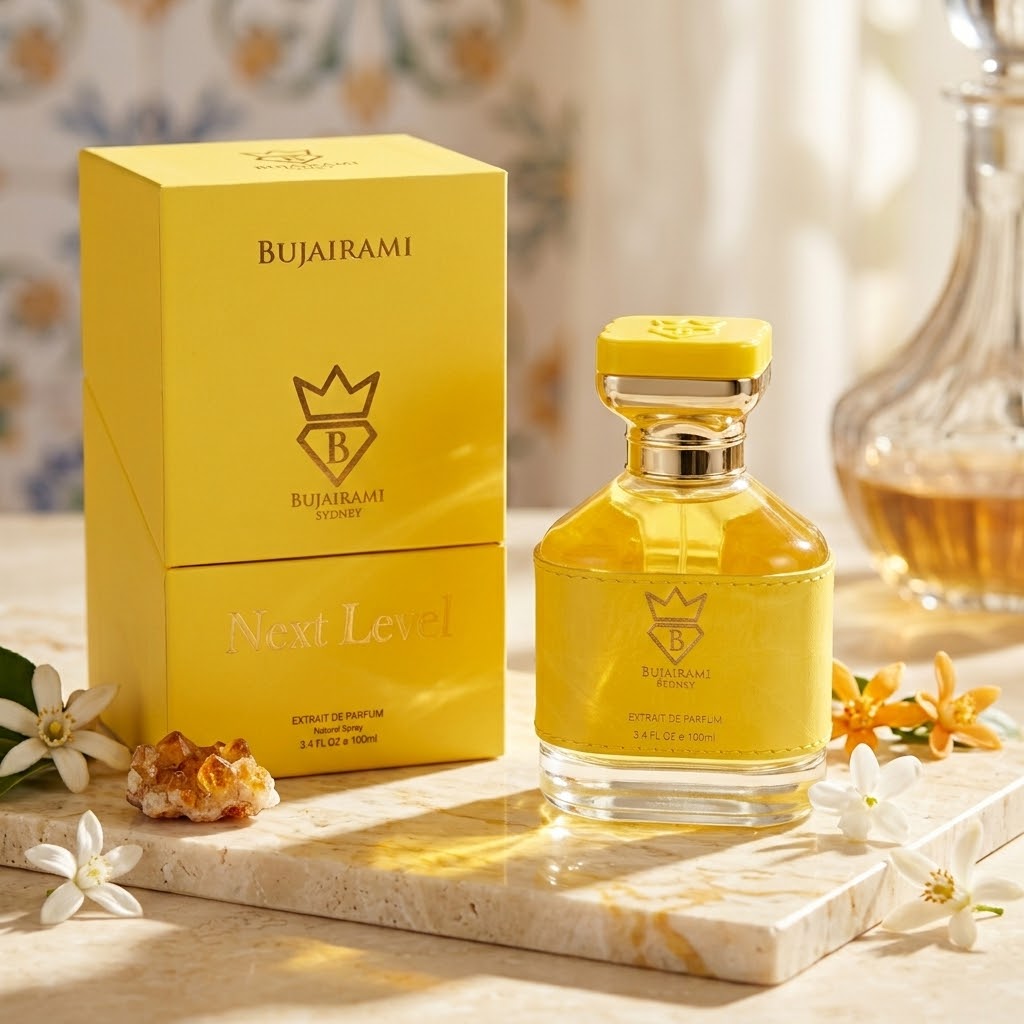 Frasco de perfume Extrait de Parfum Bujairami da Luxos do Oriente, com embalagem elegante e fragrância oriental sofisticada.