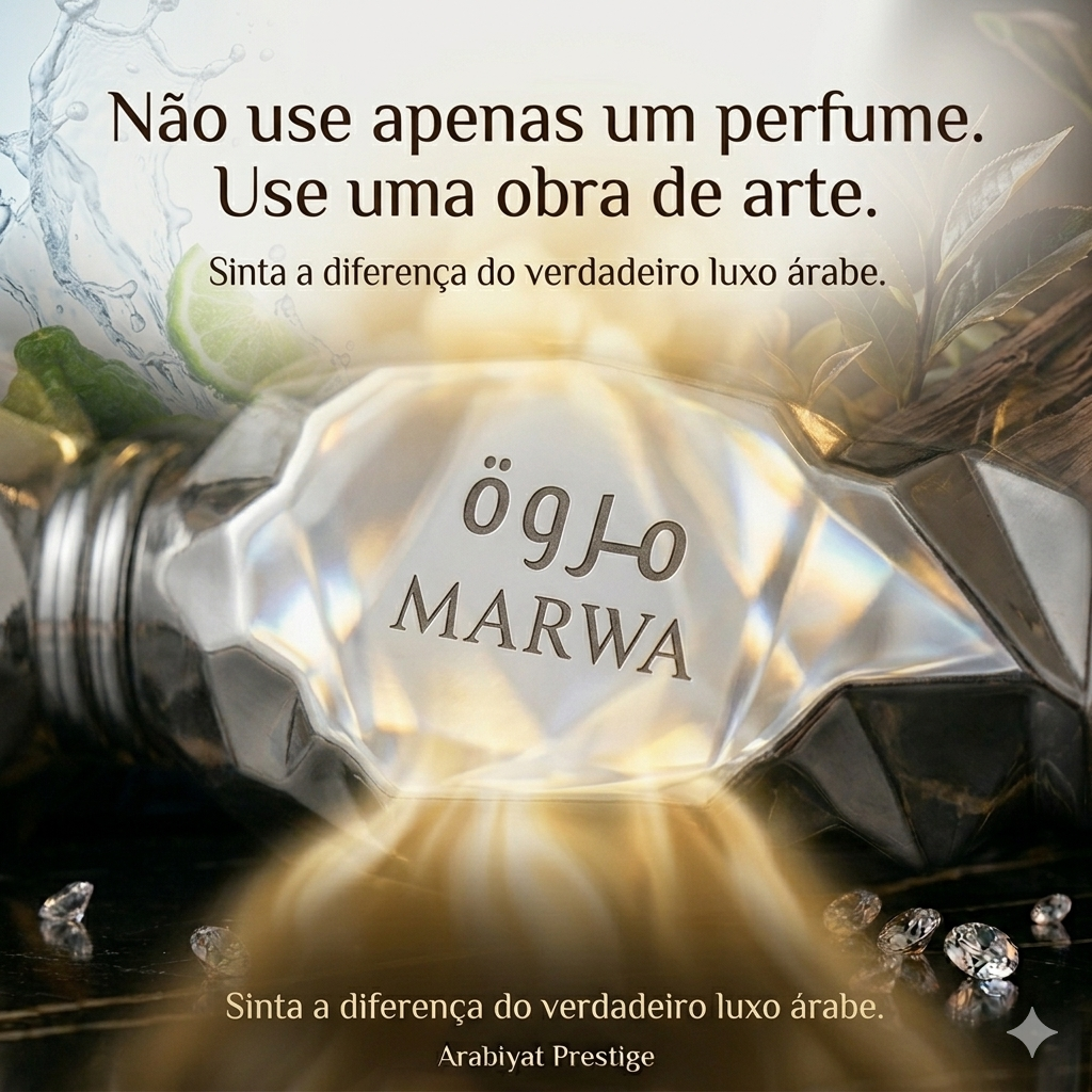 Frasco de Eau de Parfum Marwa Arabiyat Prestige Original da Luxos do Oriente, com design elegante e detalhes dourados