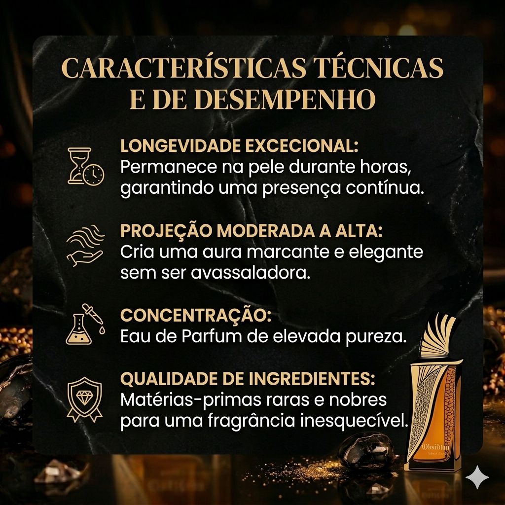 Frasco de Obsidian Extrait de Parfum da Luxos do Oriente, com design elegante e rótulo com detalhes dourados.