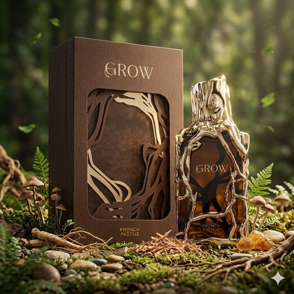 Frasco de perfume Grow Extrait de Parfum French Avenue da Luxos do Oriente, com design elegante e rótulo detalhado.