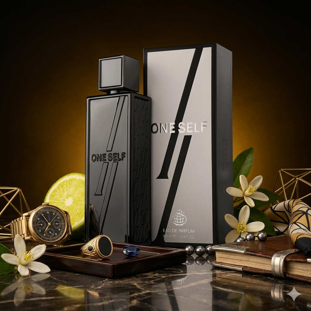 Frasco de Eau de Parfum One Self da Fragrance World Original, embalagem elegante com detalhes em dourado e vidro transparente.