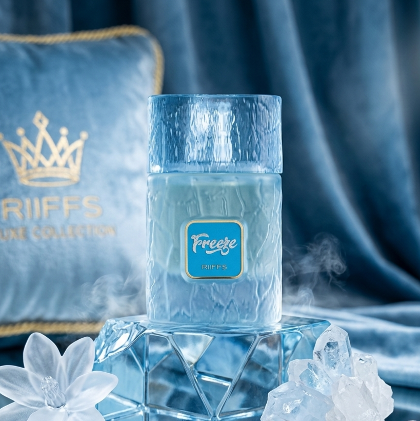 Frasco de perfume Freeze Extrait de Parfum da Luxos do Oriente, embalagem elegante com detalhes dourados e rótulo.