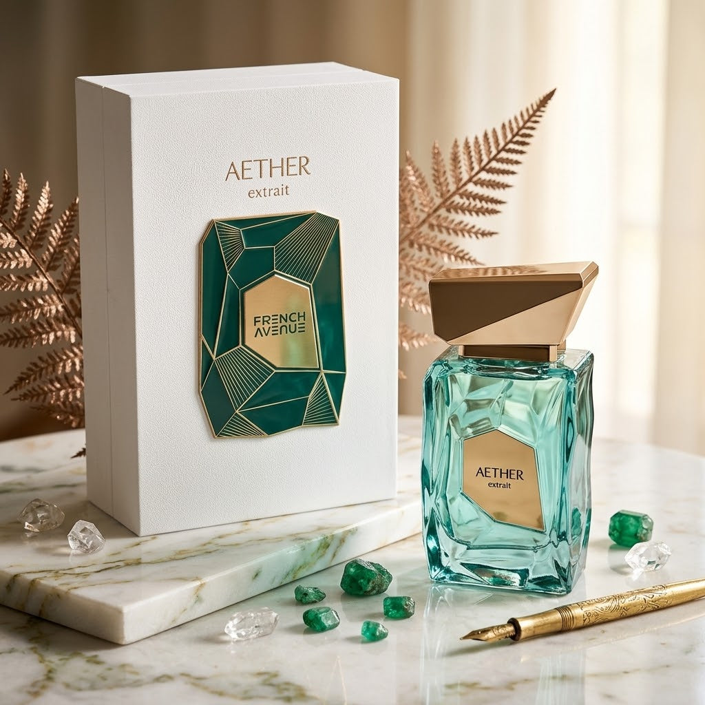 Frasco de perfume Aether - Extrait de Parfum da Luxos do Oriente, com design elegante e embalagem sofisticada.