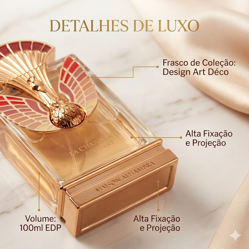 Frasco de Eau de Parfum La Charmante Éclatant da Maison Alhambra, com design elegante e detalhes dourados.
