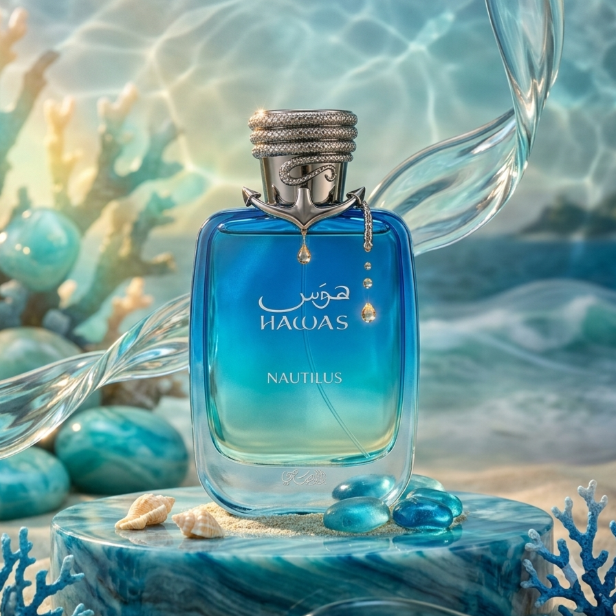 Frasco de perfume Hawas Nautilus da Rasasi, embalagem elegante de Eau de Parfum com detalhes dourados e design sofisticado.