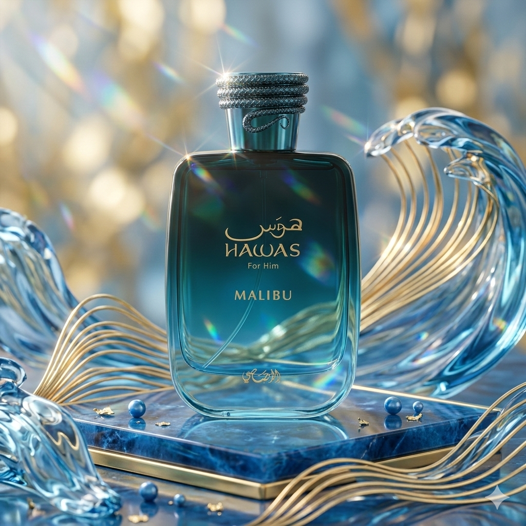 Frasco de perfume Hawas Malibu Eau de Parfum da Rasasi, com design elegante e detalhes dourados, sobre fundo neutro.
