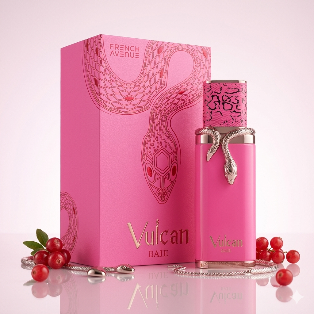 Frasco do perfume Eau de Parfum Vulcan Baie da Luxos do Oriente, com design elegante e detalhes dourados.