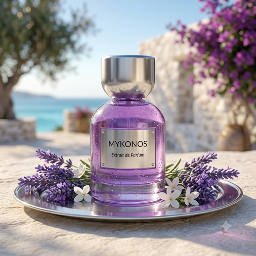 Frasco de perfume Reflection Elixir da Luxos do Oriente, extrait de parfum Mykonos Original, com design elegante e detalhes dourados