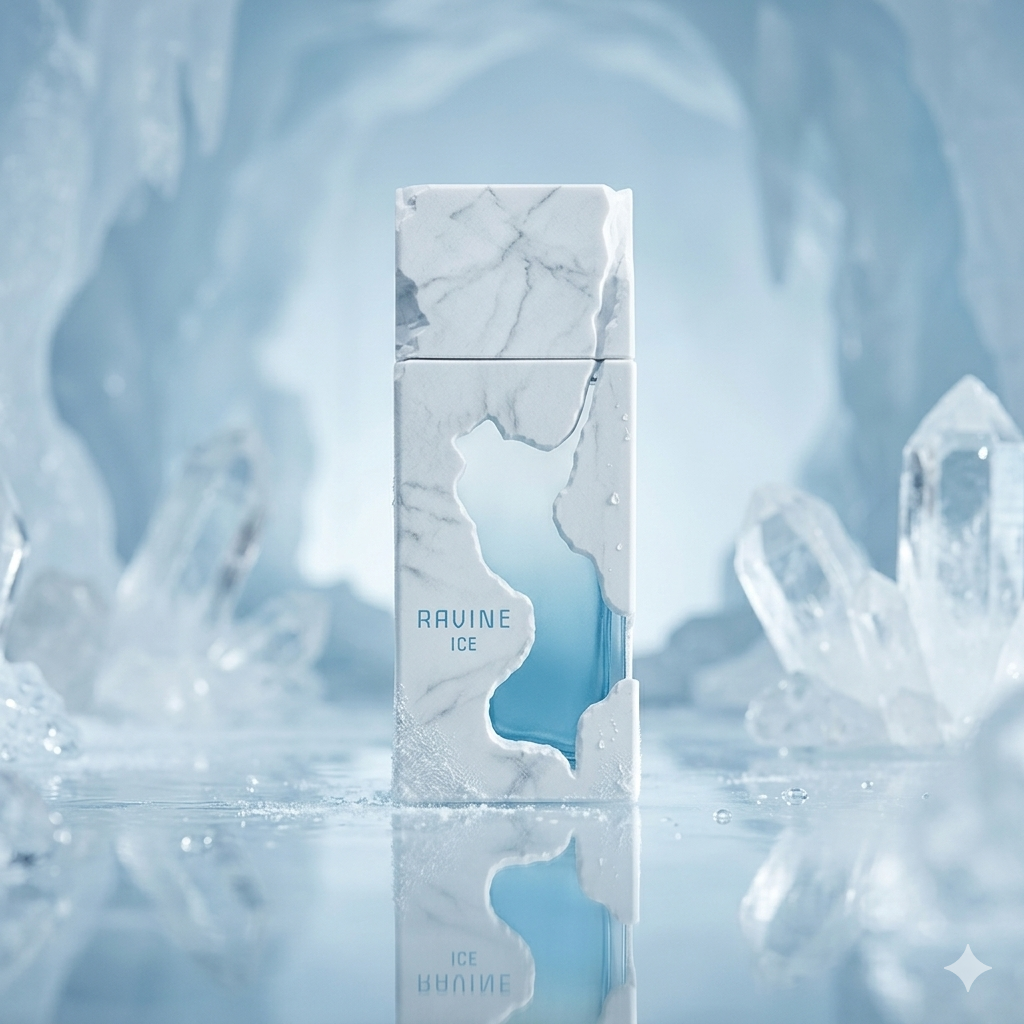 Frasco de perfume Ravine Ice da Luxos do Oriente, extrato de parfum French Avenue com design elegante e embalagem sofisticada.