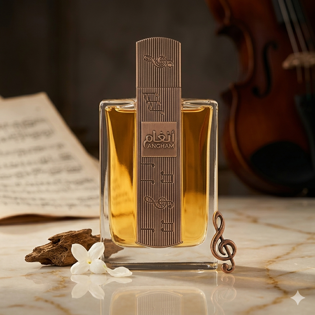 Perfume Eau de Parfum Angham Lattafa, embalagem original, frasco elegante com detalhes dourados, aromático e sofisticado.