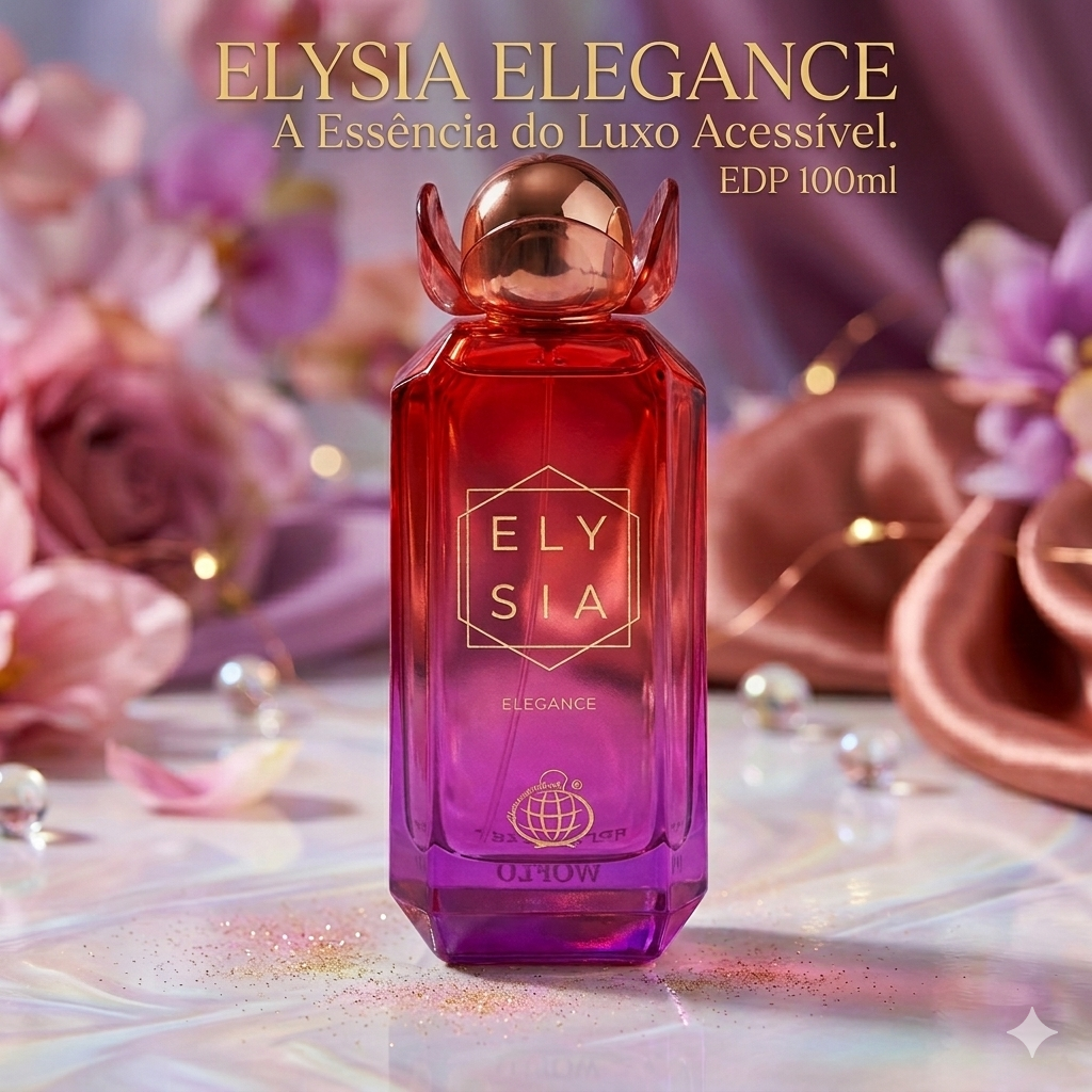 Elysia Elegance Eau de Parfum by Luxos do Oriente in a stylish bottle with a floral design against a soft background.