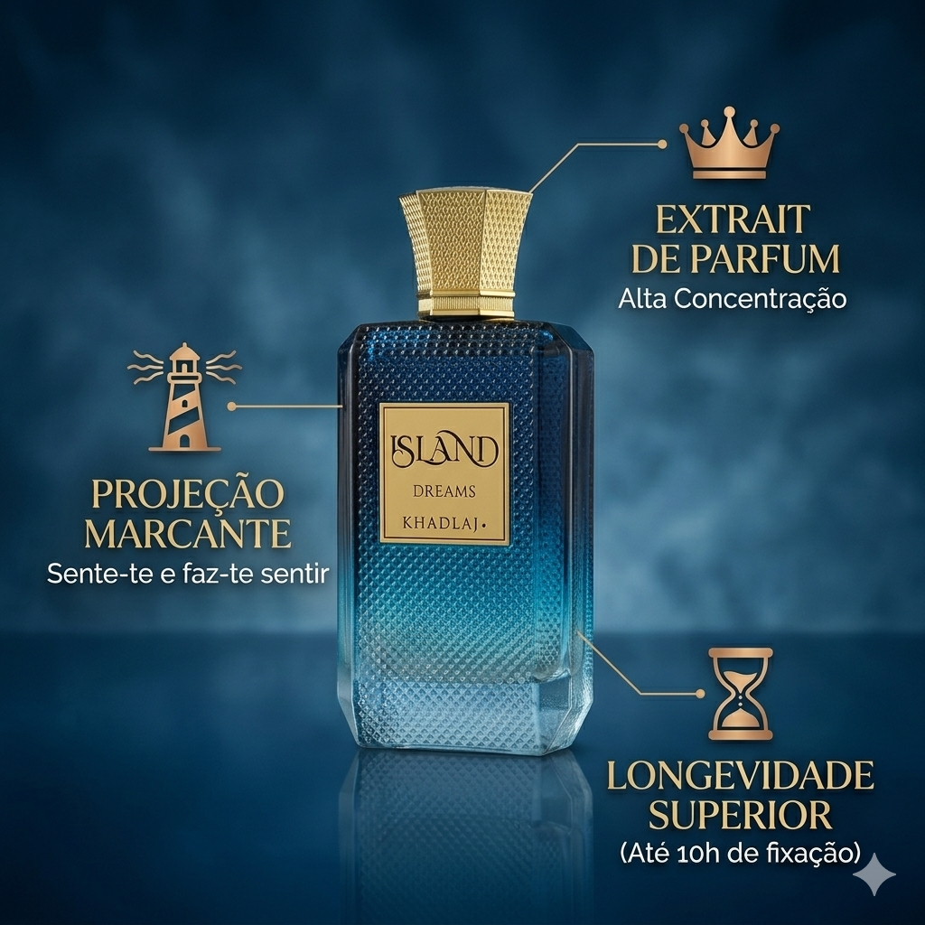 Frasco de perfume Island Dreams - Extrait de Parfum da Khadlaj, com design elegante e embalagem luxuosa da marca Luxos do Oriente