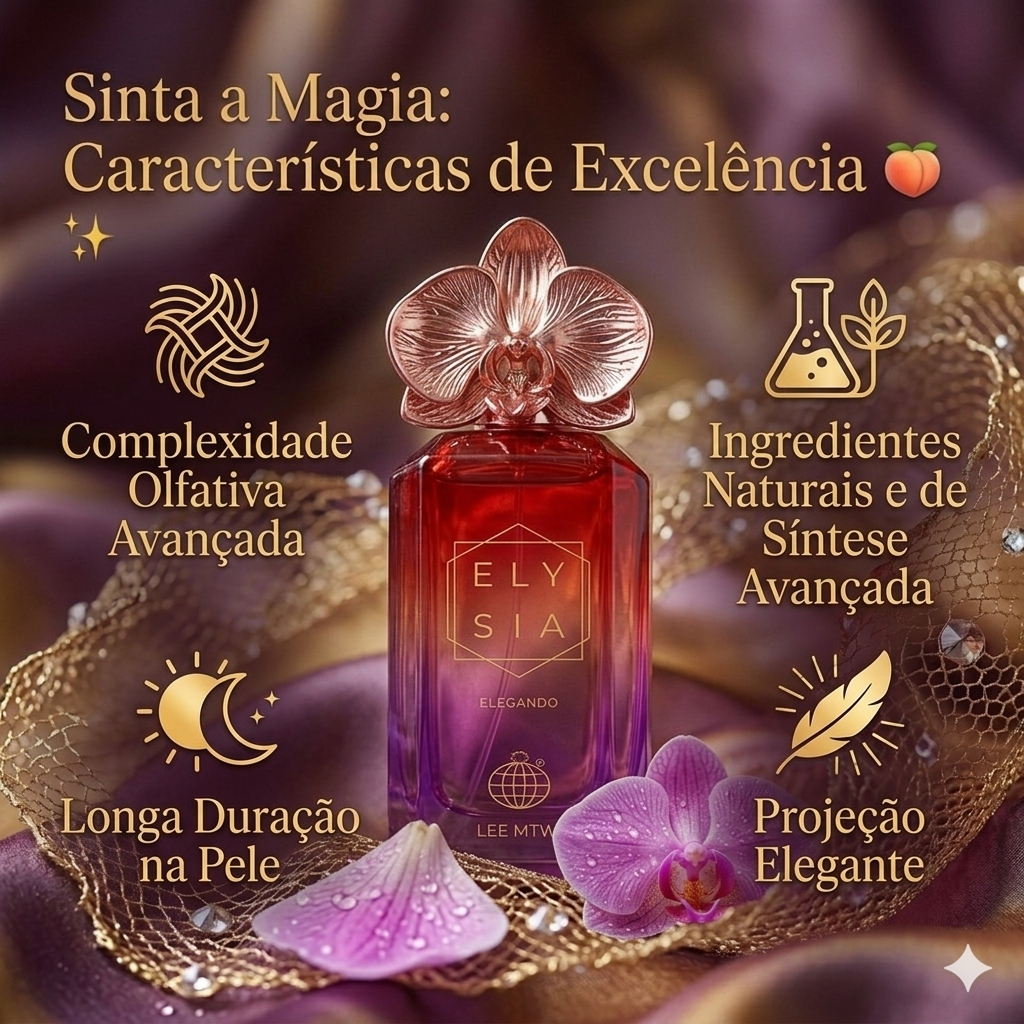 Elysia Elegance Eau de Parfum by Luxos do Oriente, elegant bottle design with floral accents in a soft background.