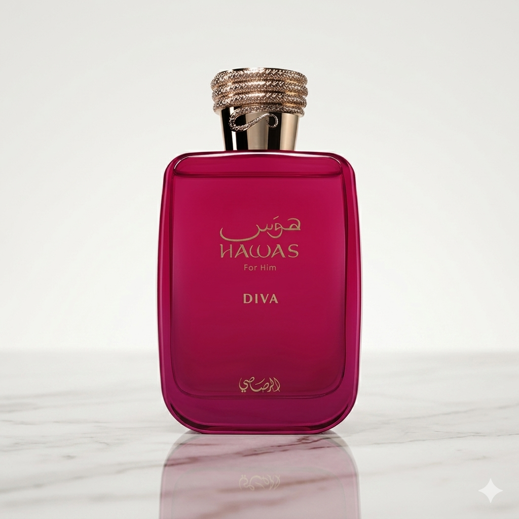 Frasco de Eau de Parfum Hawas Diva da Rasasi, perfume original com design elegante e detalhes sofisticados.