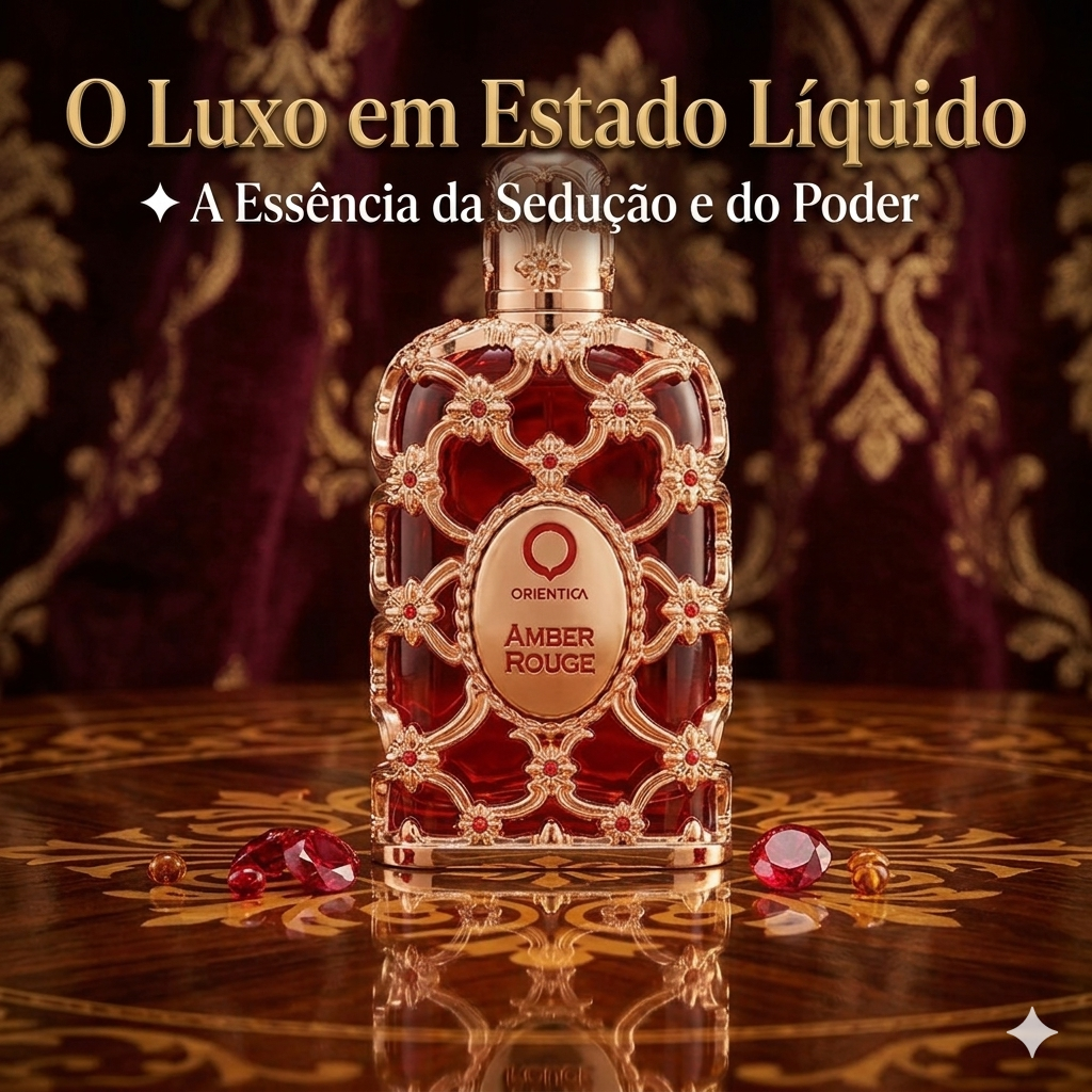 Frasco de perfume Amber Rouge da Orientica, Eau de Parfum de luxo, com design elegante e detalhes dourados.