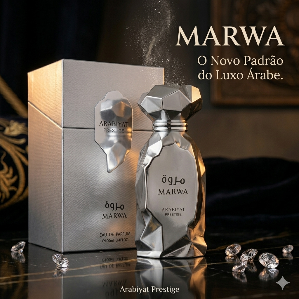 Eau de Parfum Marwa Arabiyat Prestige original, frasco elegante com detalhes dourados, destaque para a fragrância luxuosa e refinada.